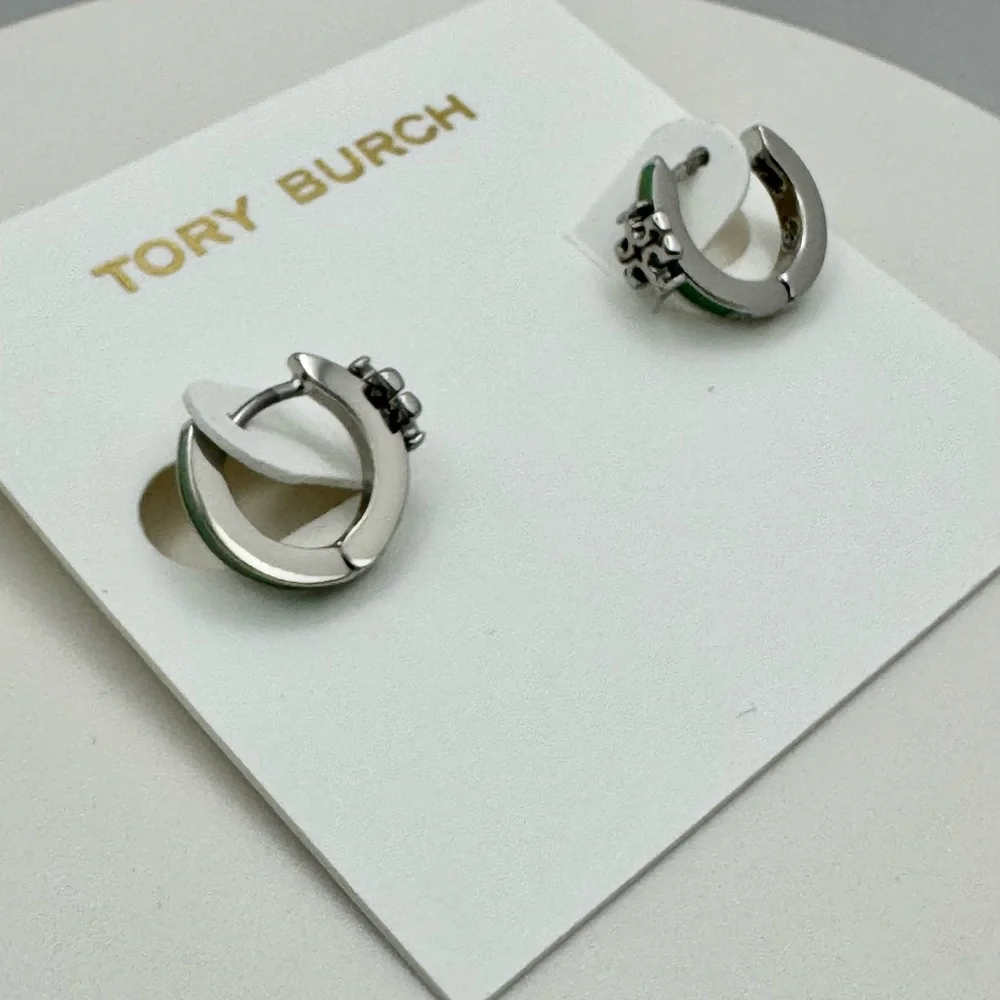 Tory Burch Kira Silver & Green Enamel Small Huggie NEW